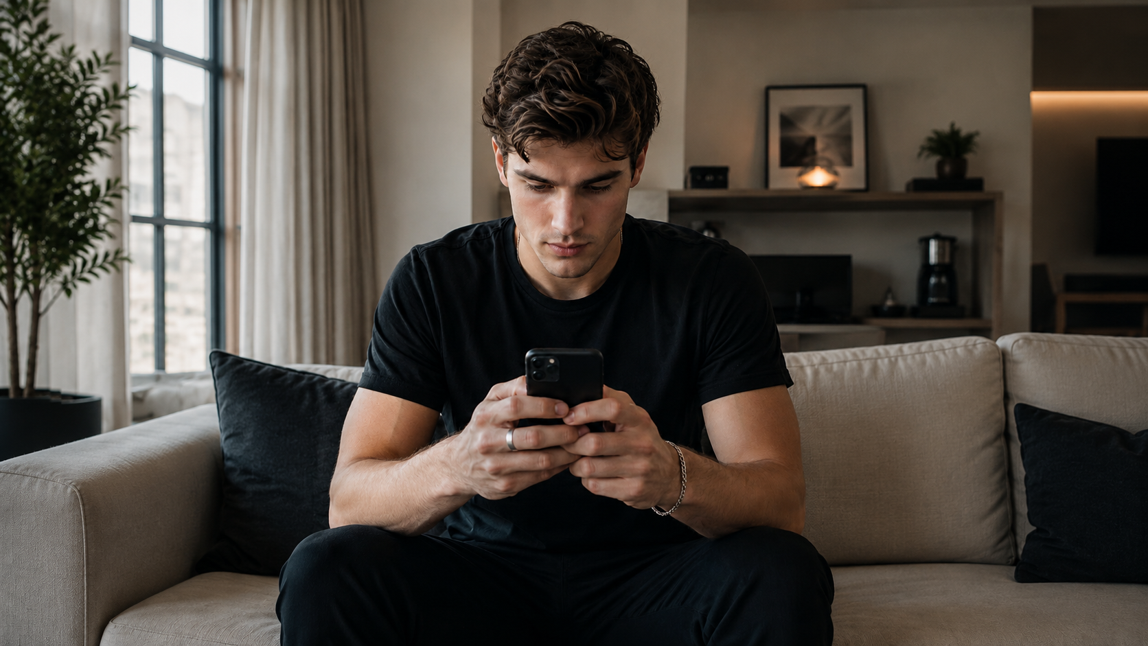 Man sitting on a couch absorbed in his phone