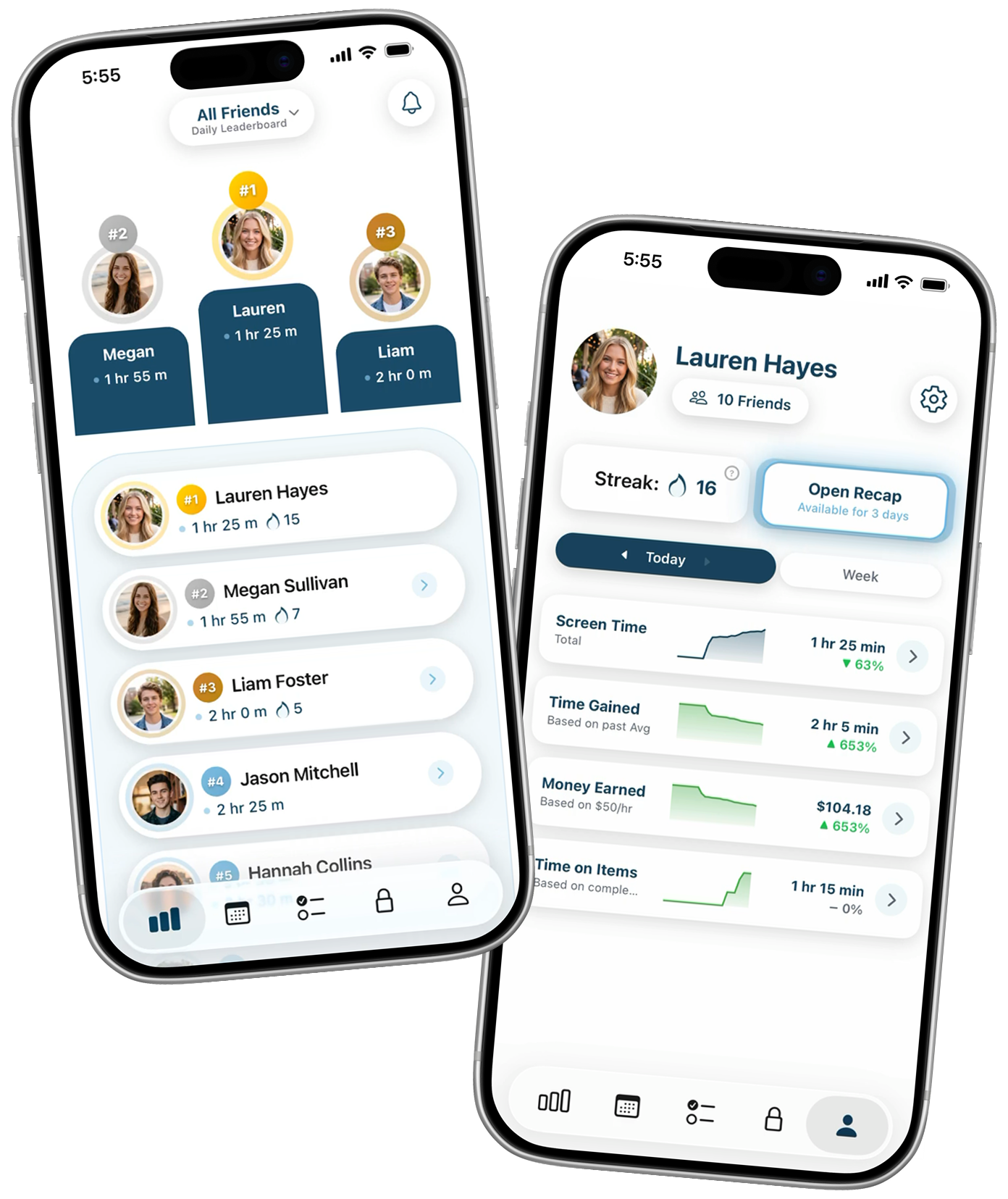 MyTime app showing the friends leaderboard and personal screen time recap